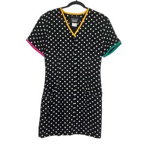 VTG 100% Silk Goodbye Folk Full Button Black White Retro Polka Dot Dress S